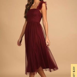 Burgundy Swiss Dot Ruffled Midi Dress